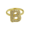 Adjustable golden letter B open ring with sparkling white crystal pave settings - Adjustable Open / Gold-B