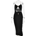 Sexy zwarte halter midi-jurk met taille-uitsparing en gouden metalen gespdetails - S / Zwart