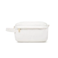 Portable cream white corduroy makeup bag with zipper closure and convenient side handle - White