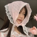 Foulard a quadretti rosa con ricamo in pizzo bianco e nappe per donna - Foulard in pizzo rosa