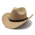 Klassischer beige Wollfilz-Cowboyhut mit braunem Lederband und Metallschnalle für Damen - M (56-58cm) / Camel