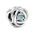 Silver bead charm with intertwined metal lines encircling a round blue birthstone - March Aqua Blue