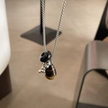 Tiger eye stone teardrop pendant necklace with silver bead chain and black ring charm - Silver Drop Black Onyx Combo (31#)