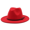 Close-up of a red wool fedora hat with a black leather band and gold buckle detail - M(56-58cm) / Red
