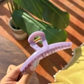 Close-up of translucent lavender butterfly hair claw clip with golden metal spring detail - Lavender