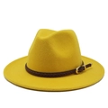 Detail of yellow wool fedora hat with dark brown braided leather band and gold buckle - M (56-58cm) / 24 Yellow