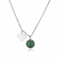 Detail of silver heart pendant and green malachite bead on stainless steel chain - 10MM Bead / Silver-Malachite