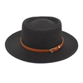 Eleganter schwarzer Strohhut für Damen mit braunem Gürtelband und goldener Schnalle - M (56-58cm) / Schwarz