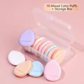Set of 10 multicolor teardrop mini finger powder puffs in a transparent storage case - 10 Pack + Storage Box / Multicolor