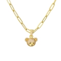 Detail of golden paperclip chain necklace with a pink rhinestone encrusted bear pendant - Pink
