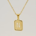 Golden stainless steel necklace featuring a rectangle letter N pendant with sandblasted texture - Letter N