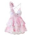 Detailed shot of 3D floral accent on a pink floral sundress with layered tulle skirt - Pink Suspenders