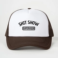 Detail of a brown and white mesh trucker hat featuring Shit Show Supervisor text - One Size / Coffee White
