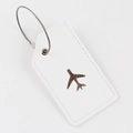 White faux leather luggage tag with steel wire loop and embossed airplane icon - White