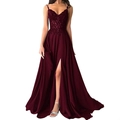 Elegant burgundy high slit evening dress with sequin bodice and plunging V-neck design - L (US 12) / Dark Wine Red