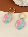 Golden drop earrings with multi-color mosaic enamel inlay in pink and blue tones - Pink Blue Purple Mosaic Oval
