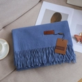 Soft fog blue cashmere-feel scarf with elegant fringes and a leather brand label - 22# Denim Blue