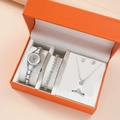 5pcs silver women's watch set with jewelry and clover dial in a premium orange gift box - Silver Set 5 (orange Large Box)
