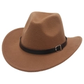Brown western cowboy felt hat with wide brim and black leather belt buckle accessory - M (56-58cm) / Khaki Cowboy (Black Belt)