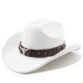 Detail of white suede cowboy hat with brown leather band and silver bull head ornament - M (56-58cm) / Pure White
