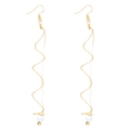 Detailed view of long gold spiral wave earrings with elegant hanging white pearls - Artificial Pearl Spiral Earrings / White