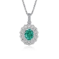 S925 silver necklace with oval emerald gemstone and double halo of high carbon diamonds - FDDZ-027 Paraiba Blue Oval