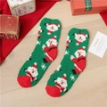 Green Christmas coral fleece socks with Santa Claus pattern and red contrast toe detail - Full Body Santa Green