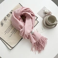 Pink cashmere feel winter scarf for women featuring soft fringes and a stylish brand label - Peach Pink