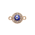 Close-up of a golden evil eye connector with blue enamel and 12 sparkling crystals - Gold Round Eye / 10 Pieces Pack