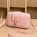 Light pink camera bag with cartoon embossing and golden crown tassel pendant - Pink