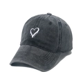 Vintage washed dark grey cotton baseball cap with white dripping heart embroidery - 56-60cm (Adjustable) / Black