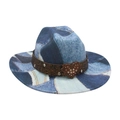 Blue denim patchwork western fedora hat featuring a large crystal heart buckle - One Size / Light Blue [Heart Rhinestone Buckle]