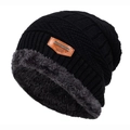 Winter gebreide muts met fleece voering en lederen label voor heren en dames - Eén maat / Zwart