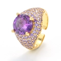 Luxurious gold-plated ring with large purple zircon and micro-pave crystals - Adjustable Open / Gold Plated - Purple Zirconia
