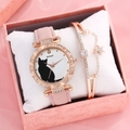 Pink leather watch with cat pattern and matching star pendant bracelet in a gift box - Pink + Bracelet + Box