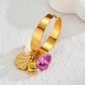 Gold titanium open ring with purple stone and shell charms on light textured background - Purple Crushed Stone Shell Style (JZ-R790-zb)