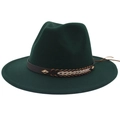 Detail of dark green wool fedora hat with brown leather band and gold metal rivets - M (56-58cm) / Dark Green