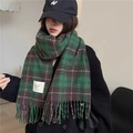 Plaid winter scarf with green and brown checkered pattern and fringe detailing - Christmas Plaid Green