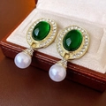 Vintage gold earrings with emerald-green oval stones and white hanging pearls - 60# Silver Earring Post Vintage Rhinestone Resin Pearl Oval Earrings