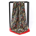 Floral print satin square scarf in black with vibrant red border and multi-color patterns - Colorful Small Flowers Black Base Pink Edge (SD90-10-1)