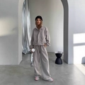 Women's two-piece grey athletic set with zip-up sweatshirt and loose sweatpants - S / Gray