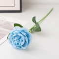 Vibrant blue artificial Persian buttercup flower with layered petals and green leaves - Single Head / Blue