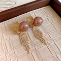 Elegant gold drop earrings featuring a brown resin bead and sparkling rhinestone tassel - Silver Needle-Coffee Pearl / Gold Brown