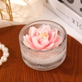 Pink lotus flower scented candle in vintage glass cup on a wooden tray with pearls - Gradient Pink Lotus