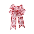 Detailed view of burlap Christmas bow with red and white reindeer and snowflake patterns - Christmas Reindeer Bow