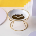 Erhöhter weißer Katzennapf aus Keramik mit goldenem Metallständer und süßem Katzengesicht - Einzelnes Blinzelnde Katze Schüssel Mit Ständer / Gold