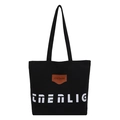 Bolso tote de lona negra de gran capacidad con parche de cuero marrón y asas - Negro