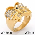 Bague papillon dorée avec strass blancs et pierre noire, largeur de 18mm - US 7 / Style de Strass Papillon d'Or (KR31312-K)