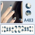Detailed view of A483 blue and beige marble texture short square press-on nails 24pcs - Blue and White Marble Style (A483)