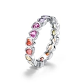 S925 silver eternity ring with heart-cut rainbow colorful zircon stones in 45-degree view - US6 / Silver